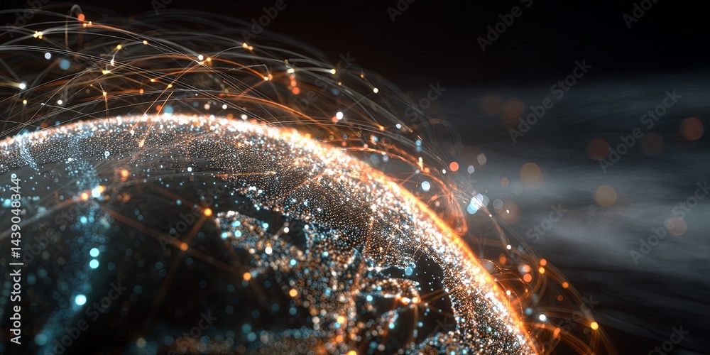 Poster stunning digital representation of earth with bright lights, data streams, and bright stars in a cos