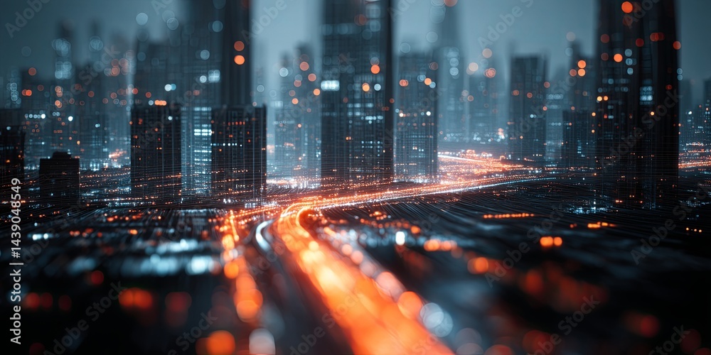 Poster Futuristic cityscape with neon lights and digital data streams creating an immersive visual experience of technology and modernity in urban environments