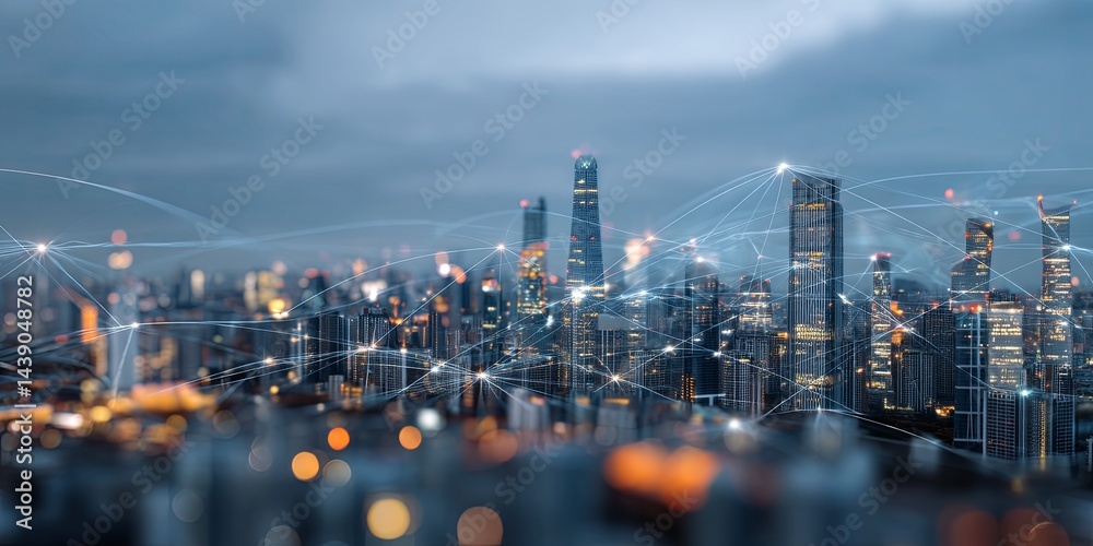 Poster Urban skyline at dusk with illuminated buildings and data lines representing technology and connectivity in a bustling metropolitan environment