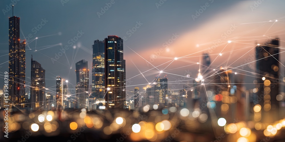 Fototapete urban skyline at dusk with illuminated buildings and data lines representing technology and connecti