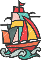 Fototapeta premium Vintage-Style Geometric Sailboat Illustration with Colorful Patchwork Sails in Red, Yellow, and Turquoise on Stylized Ocean Waves