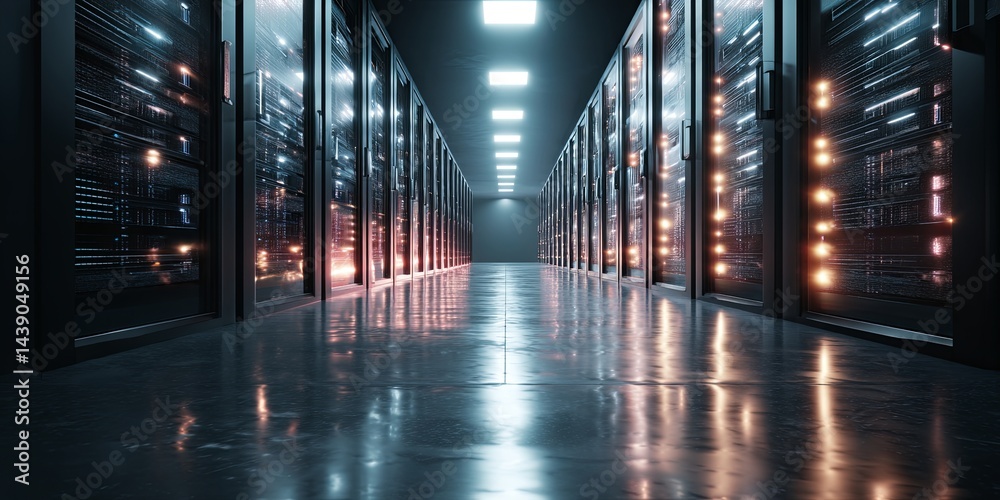 Leinwandbilder Futuristic Data Center with Glowing Server Racks and Soft Light Effects Creating a Dynamic and Technologically Advanced Environment