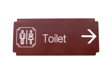 Signs modern public toilet or bathroom sign wooden brown Isolated on cutout PNG or transparent background. Symbol notifying people. Of men, women, people with person icon.