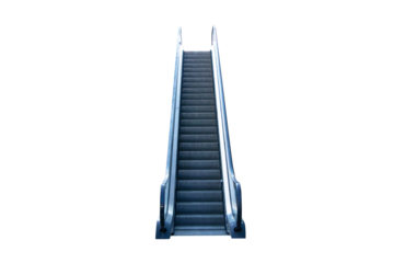Modern luxury escalators with staircase at airport or on tall building, shopping mall isolated on cut out PNG or transparent background. Move by yourself for convenience of going up to next floor.
