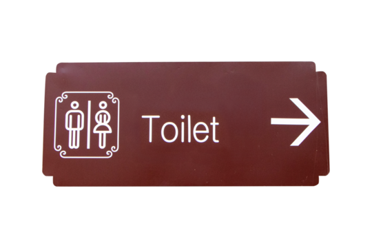 Signs modern public toilet or bathroom sign wooden brown Isolated on cutout PNG or transparent background. Symbol notifying people. Of men, women, people with person icon.