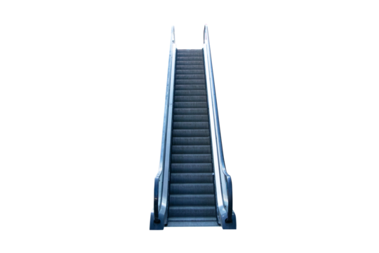Modern luxury escalators with staircase at airport or on tall building, shopping mall isolated on cut out PNG or transparent background. Move by yourself for convenience of going up to next floor.