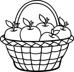 a basket of apple fruit outline vector illustration line art, coloring book page line art drawing