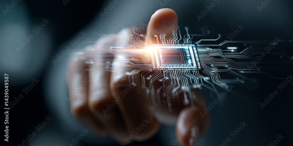 Poster Futuristic Digital Interface with Hand Gesture and Microchip Technology in a High-Tech Environment
