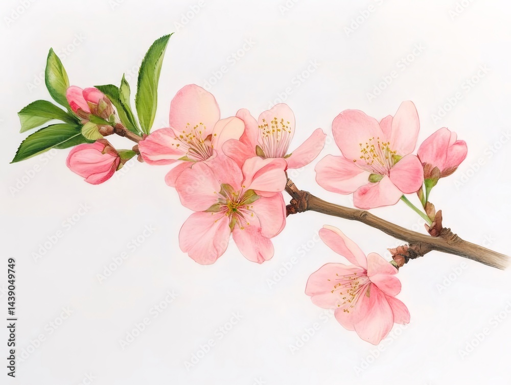 Aufkleber 水彩画の桃の花の枝 ピンク色の花びらと緑の葉 白背景に手描きのアート作品