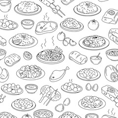 Seamless Food Extravaganza: A vibrant, black and white illustration showcasing a diverse array of culinary delights, perfect for adding a touch of appetizing charm to your project.