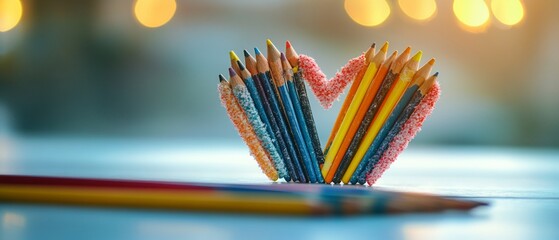 Heart made of colored pencils on a white surface with light background
