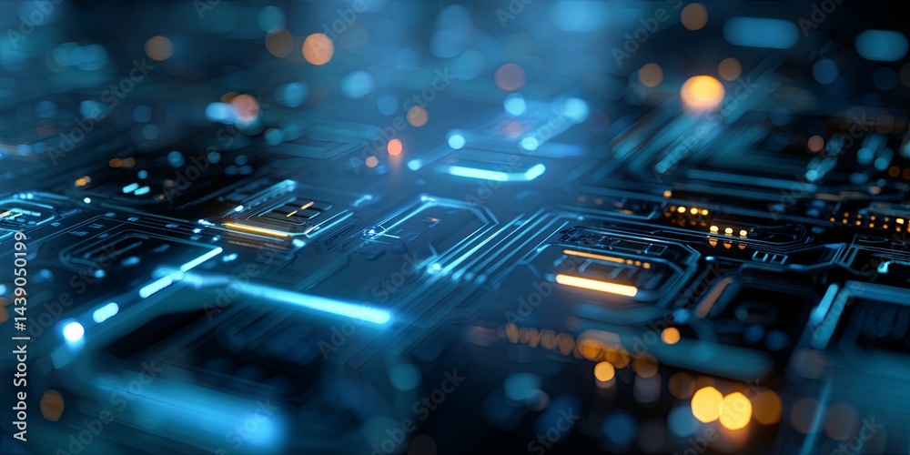 Poster abstract futuristic blue technology background featuring digital circuit patterns, lines, and glowin