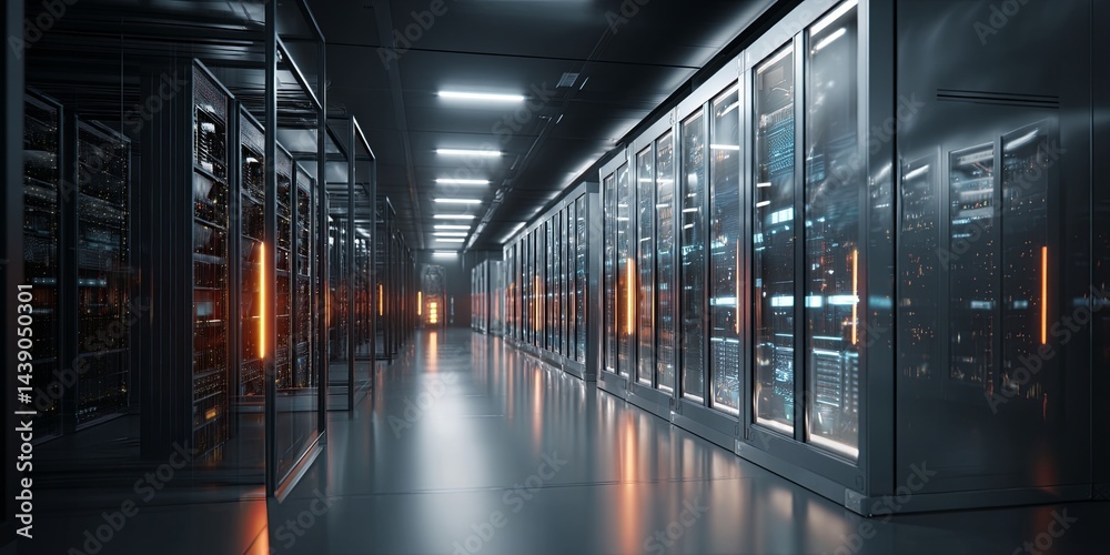 Poster Futuristic Data Center with Servers, Digital Networks, and Glowing Lights in a Modern Technology Environment for Stock Photography Use