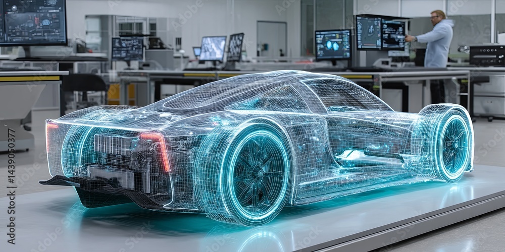 Poster Futuristic automotive technology concept showcasing engineer interacting with holographic car model in high-tech lab environment for innovative design and analysis