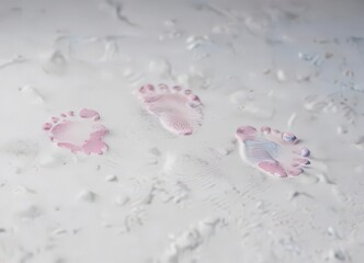 Subtle pink and blue foot imprints on spotless white surface,  tiny,  soft,  vibrant
