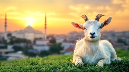 Obraz premium Goat Relaxing with Mosque Silhouette at Sunset during Eid al-Adha