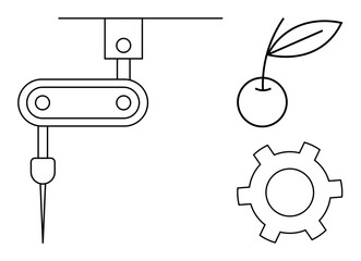 Robotic arm with precision tool, cherry with leaf, and gear. Ideal for technology, automation, manufacturing, agriculture, sustainability, innovation and a simple landing page