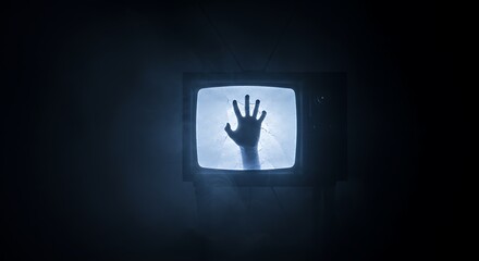 Horror photo of an old black scary haunted tv set with ghost hand on a screen, standing on dark foggy background.