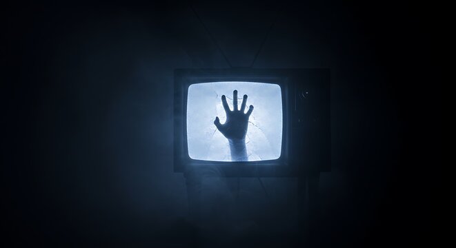 Horror photo of an old black scary haunted tv set with ghost hand on a screen, standing on dark foggy background.