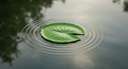 Green lotus leaf floating on calm water surface with natural ripples