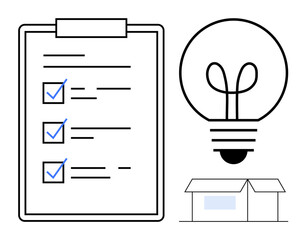 Clipboard with checklist and blue check marks, bulb symbolizing ideas, and box denoting delivery or logistics. Ideal for planning, creativity, innovation, organization, logistics, productivity