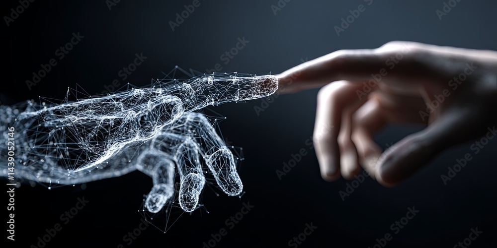 Poster human and ai collaboration: a futuristic hand touching concept illustrating advanced technology and 