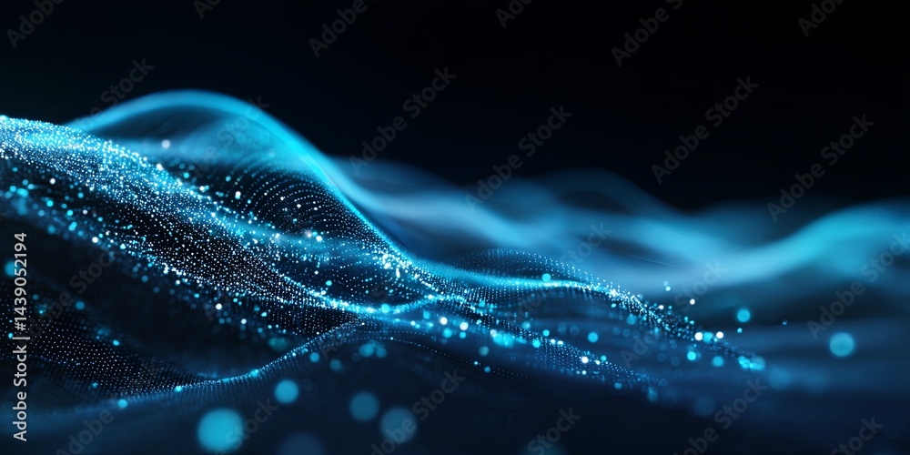 Poster Abstract motion of glowing blue lines and particles forming dynamic waves in a digital space, representing technology and innovation concepts