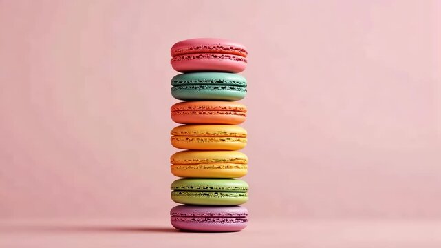 Colorful macarons stacking challenge with pastel background