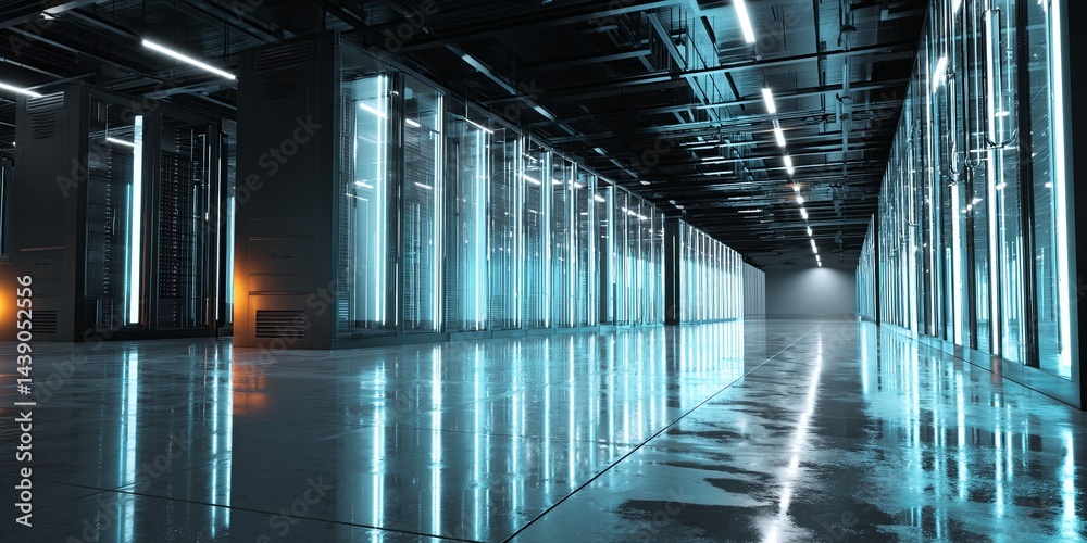Poster Futuristic Data Center View with Illuminated Racks and Server Equipment in a High-Tech Environment