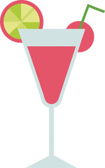Colorful line art of a tropical drink in a margarita glass with lime , in a minimalist style on transparent background.