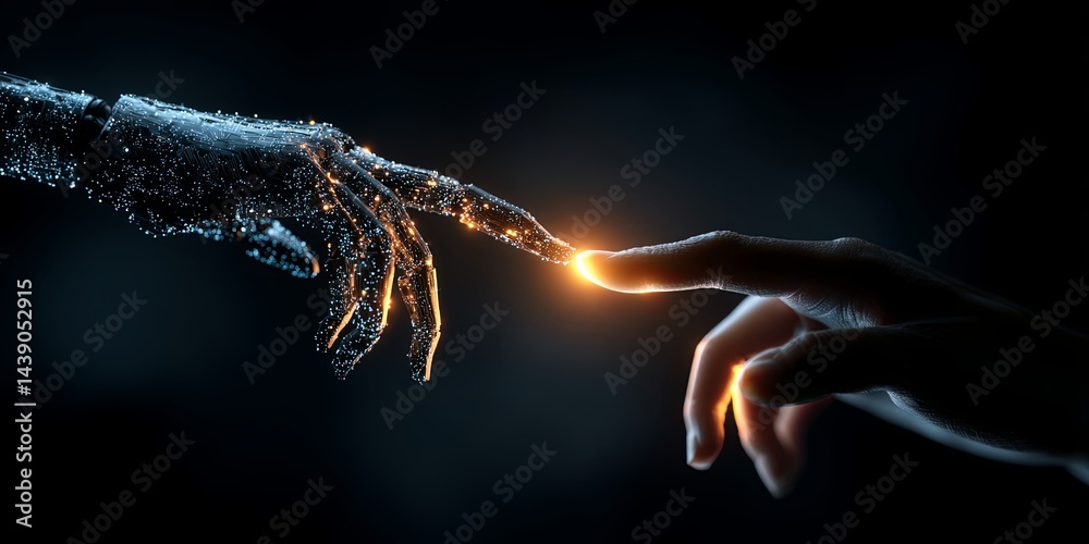 Poster Digital representation of human and artificial intelligence interaction with futuristic glowing hands depicting connection and technology evolution in dark background