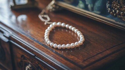 Pearl necklace rests on dark wood dresser, framed art in blurred background