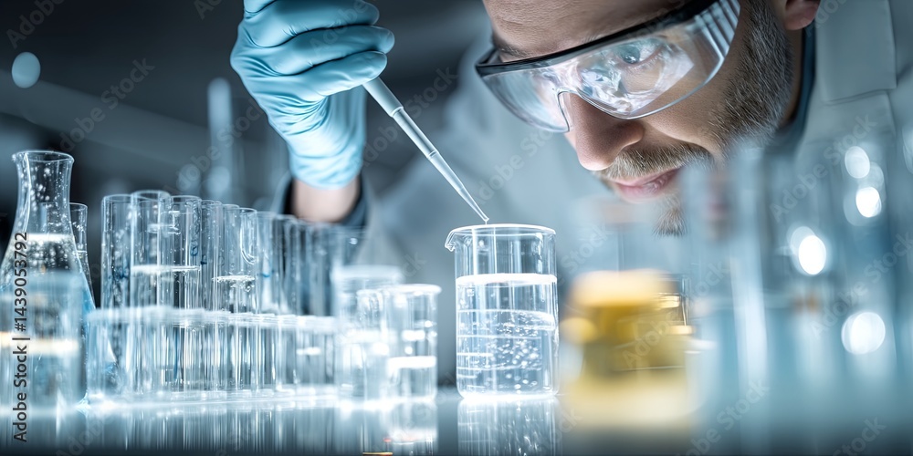 Poster Laboratory Scientist in White Coat Performing Experiment with Pipette and Test Tubes in Modern Research Facility Environment