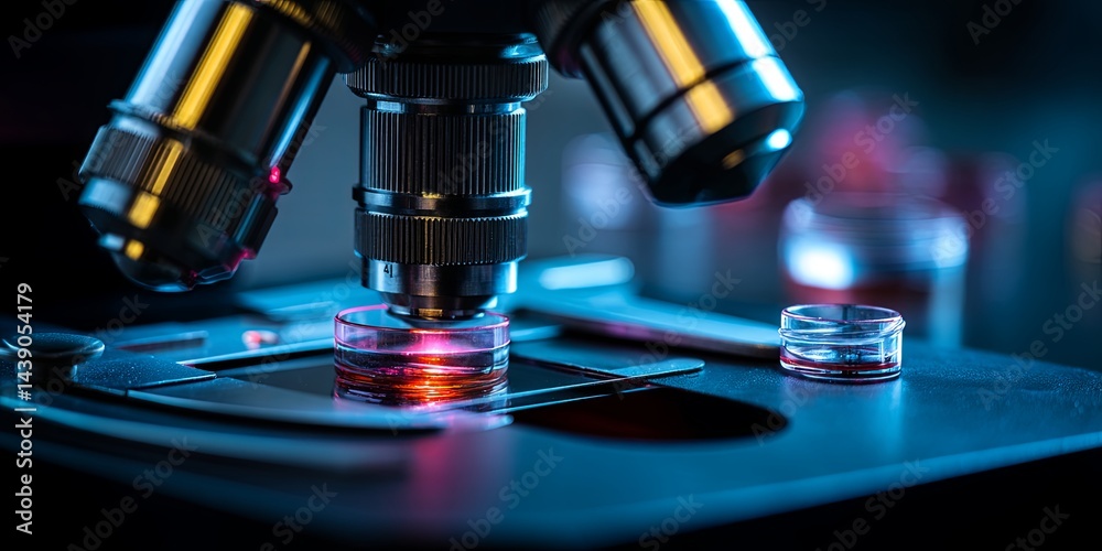 Poster Close-Up of a Modern Microscope with Multiple Lenses Focused on a Sample Slide in a Laboratory Setting, Blue Lighting Enhancing the Scientific Atmosphere