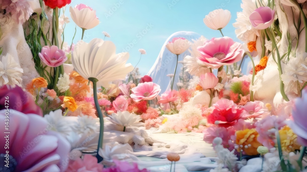 Poster 鮮やかなピンクと白の花々が咲き誇る幻想的な庭園の風景 穏やかな光が雪山を照らす美しい春の情景