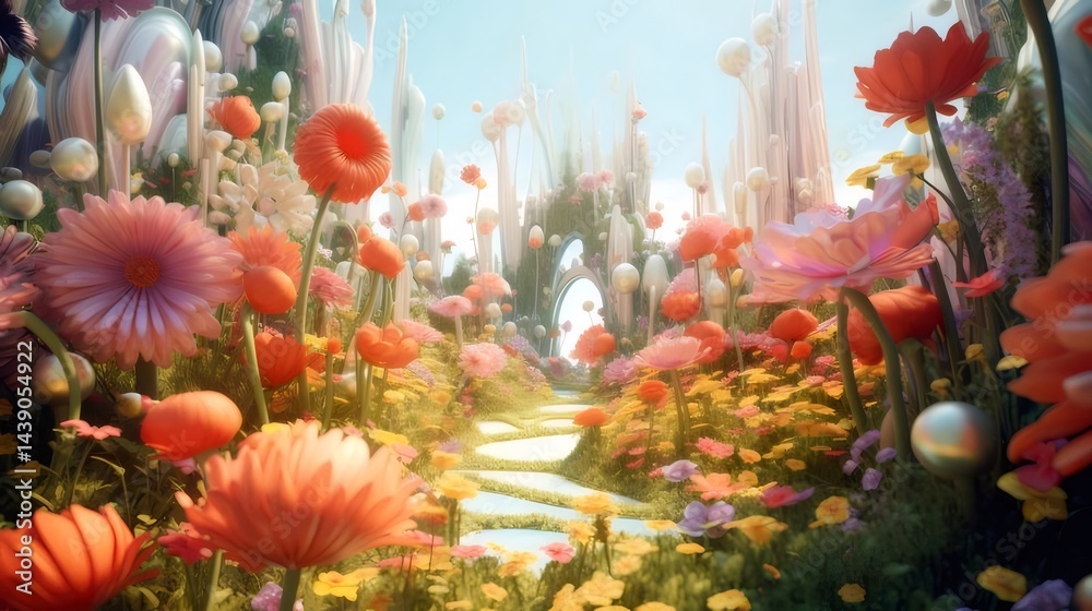 Poster 色とりどりの花々が咲き誇る幻想的な庭園の風景 明るい光が差し込む夏の日の夢のような風景