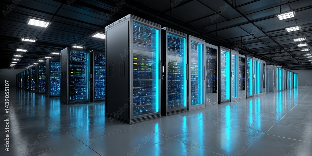 Aufkleber Futuristic Data Center with Rows of Server Racks Illuminated by Blue LED Lights and a Calm Atmosphere of Advanced Technology and Digital Infrastructure
