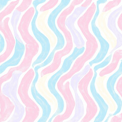 Soft pastel waves create calming and playful pattern, featuring gentle curves pink, blue, and yellow hues. This design evokes sense of tranquility and joy, perfect for various creative projects