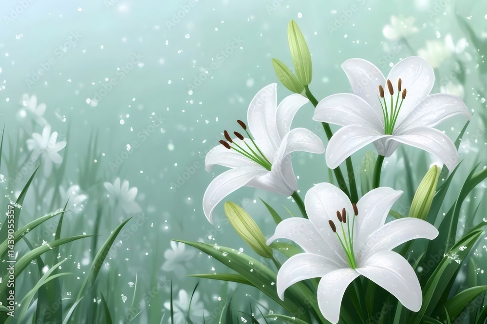 Aufkleber 白いユリの花と緑の葉が背景の庭で咲く繊細な花のクローズアップ