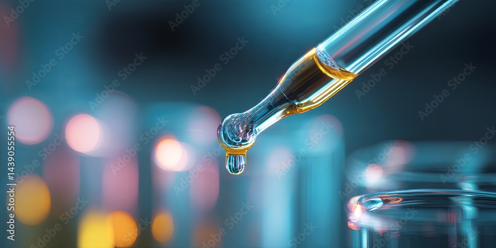 Leinwandbilder Close-Up Image of a Dropper Releasing Liquid into a Test Tube with Colorful Bokeh Effects in a Laboratory Setting for Chemical Experiments