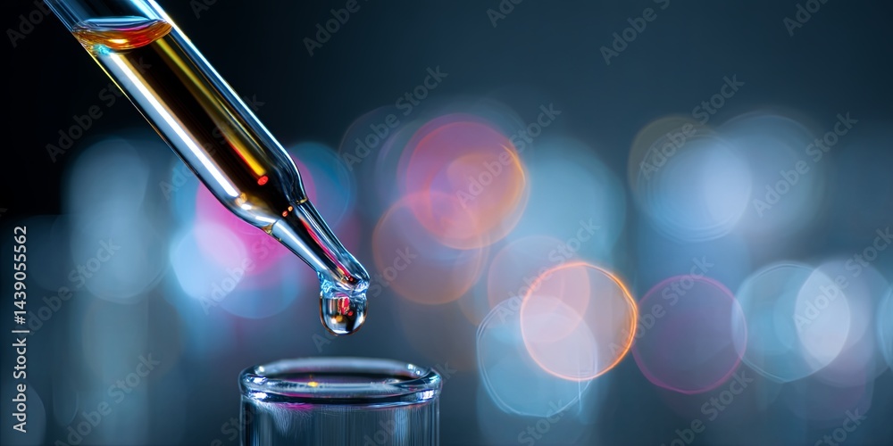 Poster Close-Up Image of a Dropper Releasing Liquid into a Test Tube with Colorful Bokeh Effects in a Laboratory Setting for Chemical Experiments