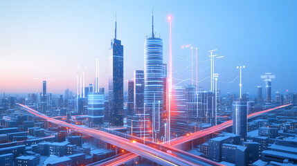 Telecom city skyline, 5G smart antennas on every rooftop, signal waves flowing digitally, 3D isometric flat vector, clear white background, vibrant red accents, aerial wide view
