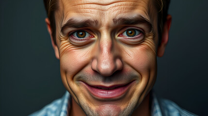 Portrait of a lying man with a fake smile, mistrust. Ai Generative.