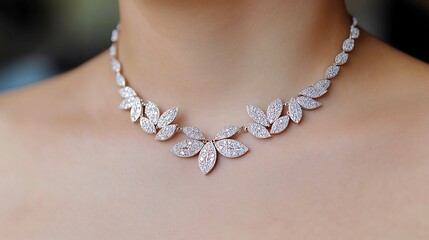 Elegant Diamond Leaf Necklace on Woman's Neck for Bridal Jewelry