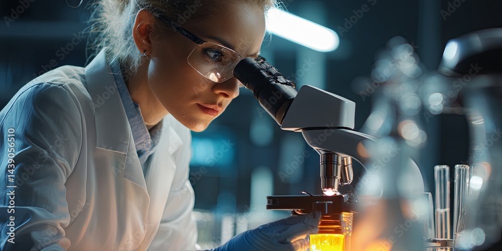 Poster professional female scientist conducting research with microscope in modern laboratory, focusing on 