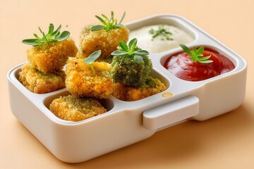 Fototapeta premium Generation Alpha food menu: Future Nugget Box – 3D-printed plant-based nuggets with AI-chosen dips.