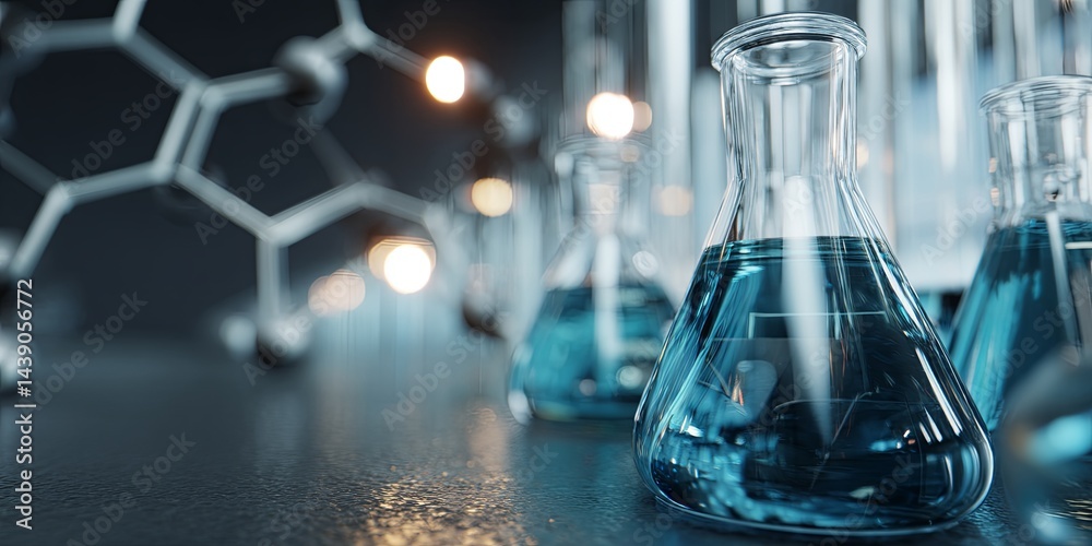 Poster blue laboratory scene with glassware and chemical structure illustrations focused on science and res