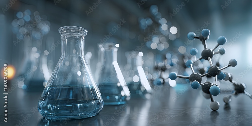 Poster laboratory scene featuring glass flasks and molecular structure with chemical elements and blue tone