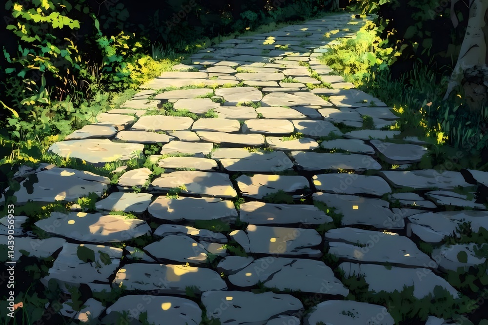 Poster 緑豊かな木々と日差しが差し込む石畳の小道 夏の晴天の下 穏やかな風景