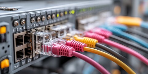 Close-Up View of Network Switch with Ethernet Cables Connected in a Data Center Setting for Technology and Telecommunications Concepts